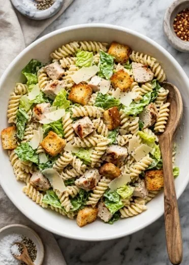 Delicious Chicken Caesar Pasta Salad with grilled chicken and Caesar dressing