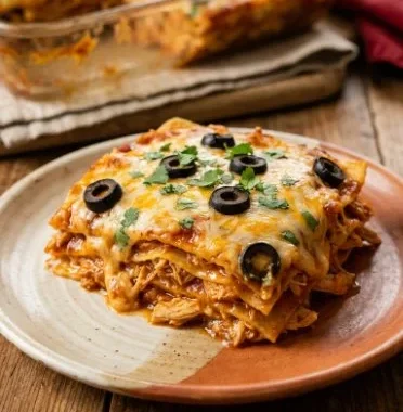Chicken enchilada casserole topped with cheese and fresh cilantro