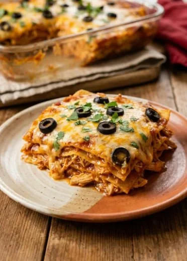 Chicken enchilada casserole topped with cheese and fresh cilantro