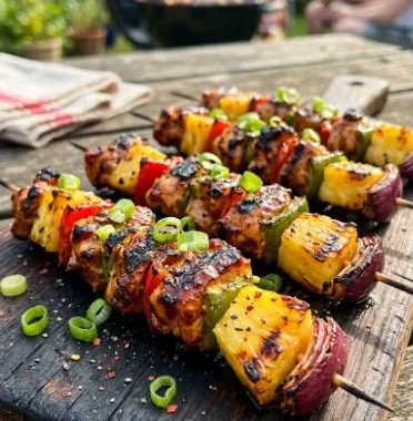 Grilled Chicken Pineapple Kabobs on a skewer, showcasing juicy chicken and pineapple chunks