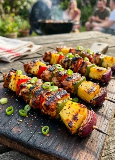 Grilled Chicken Pineapple Kabobs on a skewer, showcasing juicy chicken and pineapple chunks