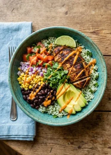 A delicious cilantro lime chicken bowl with fresh ingredients and vibrant colors.