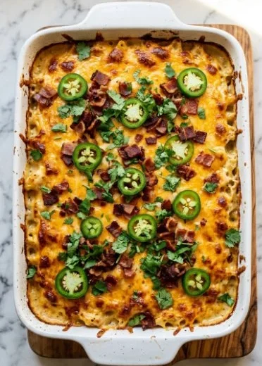 Creamy Keto Jalapeno Popper Chicken Casserole with cheese and jalapenos
