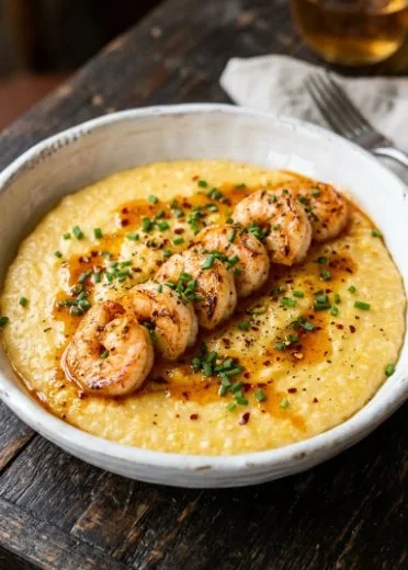 Delicious low-carb shrimp and cauliflower grits served in a bowl.
