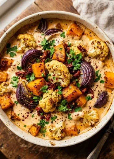 Creamy Marry Me Roasted Vegetable Bake with vibrant vegetables and creamy sauce