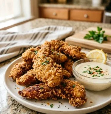Crispy Air Fryer Chicken Tenders 1 Crispy air fryer chicken tenders served on a plate with dipping sauce