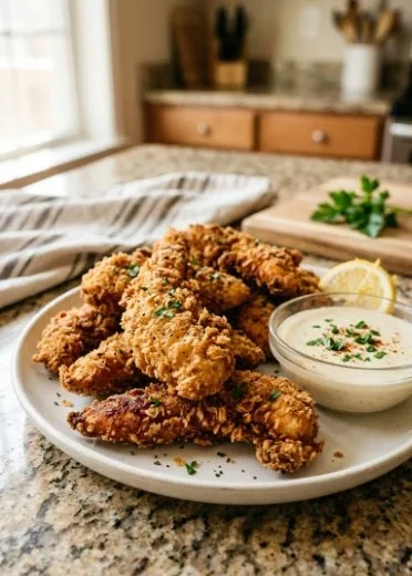 Crispy air fryer chicken tenders served on a plate with dipping sauce