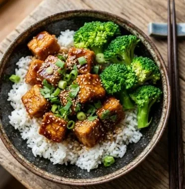 Crispy Baked Teriyaki Tofu 1 Crispy baked teriyaki tofu garnished with sesame seeds and green onions