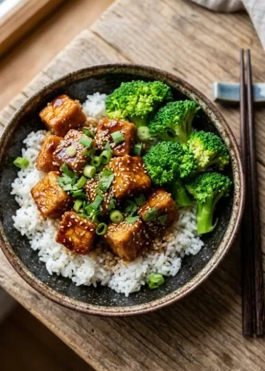 Crispy baked teriyaki tofu garnished with sesame seeds and green onions