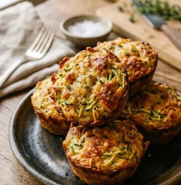 Crispy Parmesan Zucchini Potato Muffins 1 Crispy Parmesan Zucchini Muffins on a wooden table, garnished with herbs.