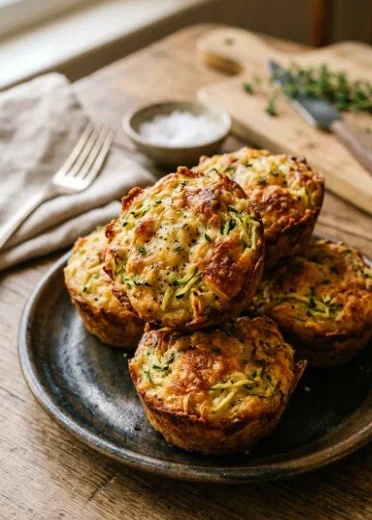 Crispy Parmesan Zucchini Muffins on a wooden table, garnished with herbs.