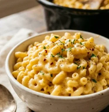 Creamy Crock Pot macaroni and cheese served in a bowl