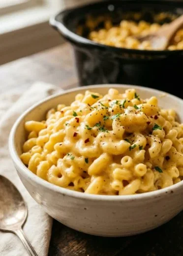 Creamy Crock Pot macaroni and cheese served in a bowl