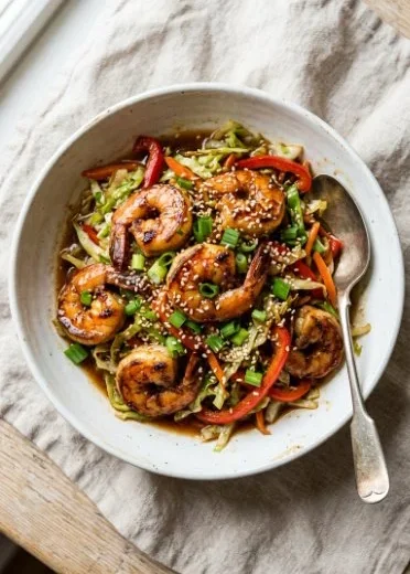Delicious Asian shrimp stir-fry with cabbage and seasonings
