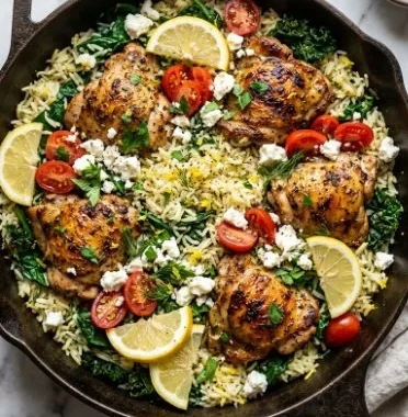 Delicious Greek Chicken with Lemon Rice and Tomatoes Recipe 1 Plate of Greek Chicken served with lemon rice and fresh tomatoes
