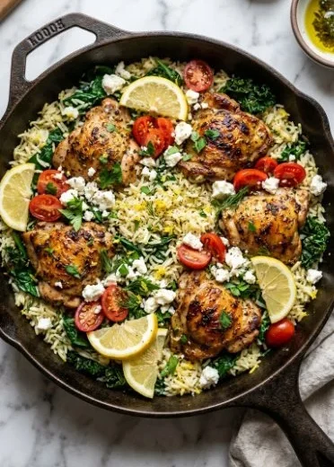 Plate of Greek Chicken served with lemon rice and fresh tomatoes
