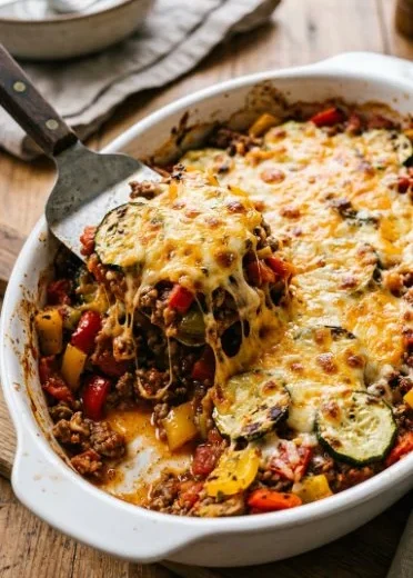 Delicious Tex-Mex Cabbage Casserole topped with cheese and spices.