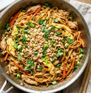 Easy Chicken Pad Thai 2 Delicious plate of Easy Chicken Pad Thai with colorful vegetables and noodles
