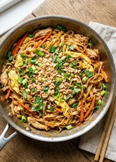 Delicious plate of Easy Chicken Pad Thai with colorful vegetables and noodles