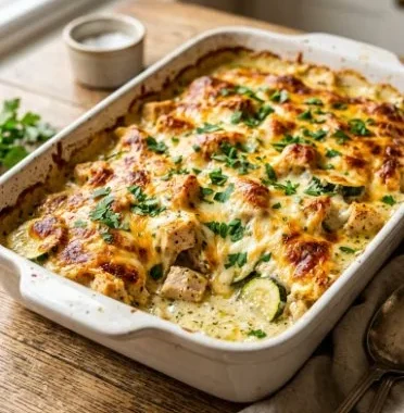 Easy Chicken Zucchini Casserole 2 Delicious easy chicken zucchini casserole served in a baking dish