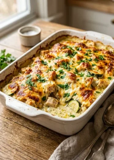Delicious easy chicken zucchini casserole served in a baking dish