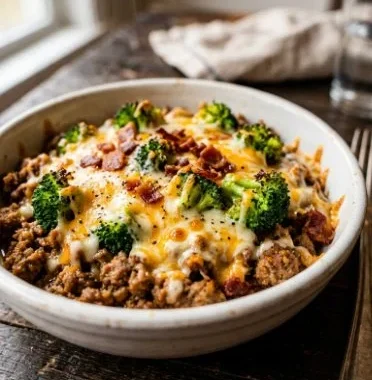 Easy Keto Hamburger Broccoli Skillet cooked in a skillet