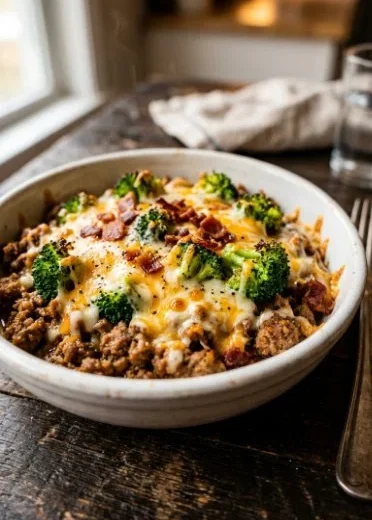 Easy Keto Hamburger Broccoli Skillet cooked in a skillet