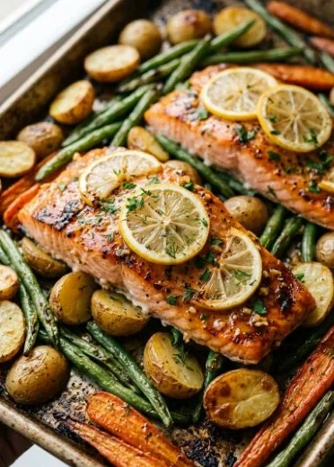 Lemon butter garlic salmon on a sheet pan with vegetables