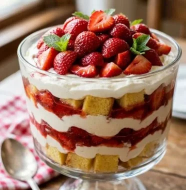 Delicious Easy Strawberry Trifle with Pound Cake served in a clear glass bowl