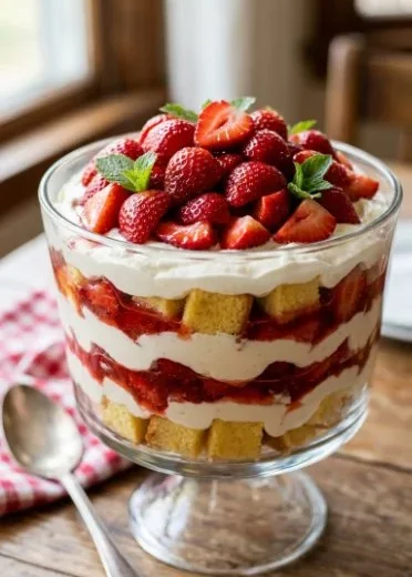 Delicious Easy Strawberry Trifle with Pound Cake served in a clear glass bowl