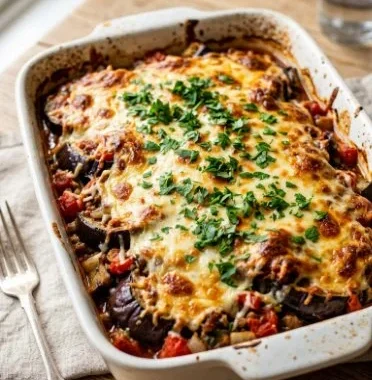 Eggplant Casserole 2 A delicious eggplant casserole baked and served in a dish, garnished with herbs.