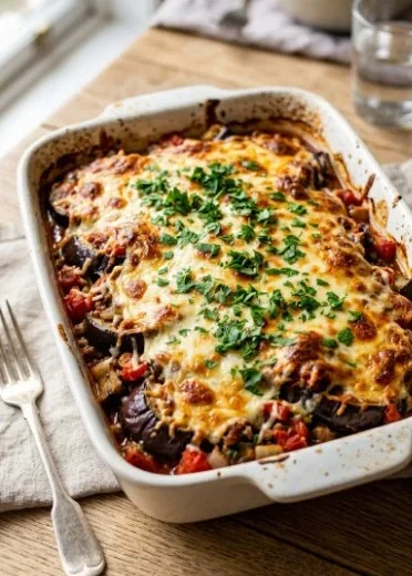 A delicious eggplant casserole baked and served in a dish, garnished with herbs.