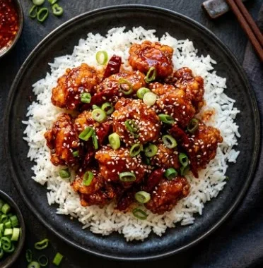 Savory Firecracker Chicken topped with sesame and green onions