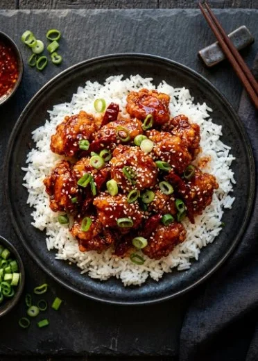 Savory Firecracker Chicken topped with sesame and green onions
