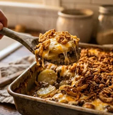 French onion hashbrown casserole 1 Delicious French onion hashbrown casserole topped with cheese and crispy onions