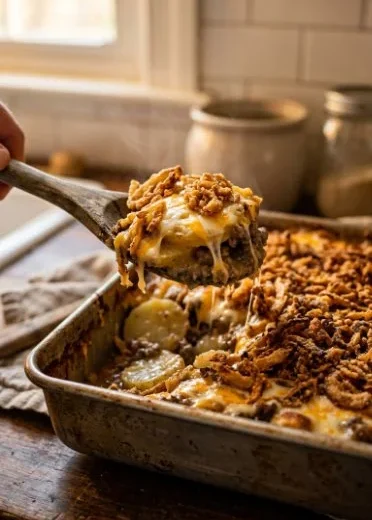 Delicious French onion hashbrown casserole topped with cheese and crispy onions