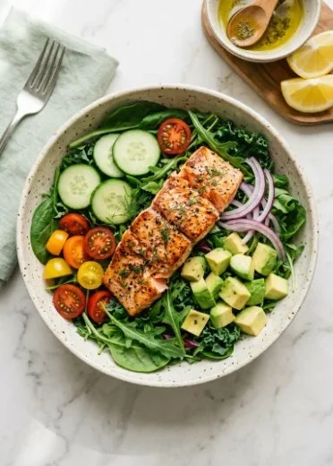 Fresh salmon power salad with greens and vegetables, healthy meal option