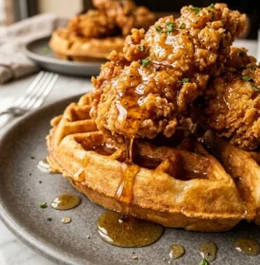 Fried chicken and waffles topped with honey glaze on a plate