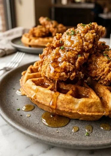 Fried chicken and waffles topped with honey glaze on a plate