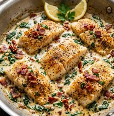 Garlic Butter Cod Florentine served on a plate with spinach and lemon garnish.
