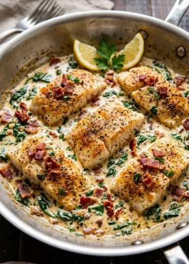Garlic Butter Cod Florentine served on a plate with spinach and lemon garnish.