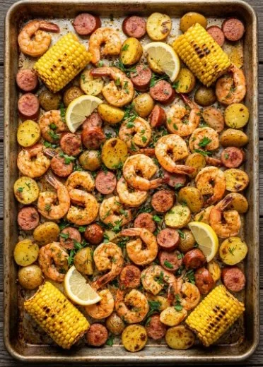 Garlic Butter Shrimp and Corn on a sheet pan, ready to serve for dinner