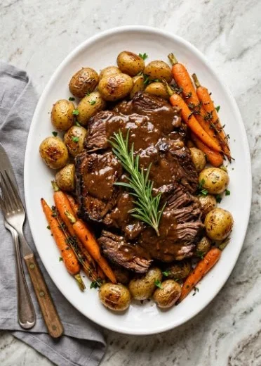 Delicious Grandma's pot roast served on a rustic table with vegetables and gravy.