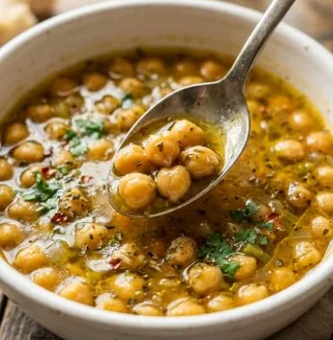 Greek Chickpea Soup 1 Bowl of Greek chickpea soup with herbs and feta cheese