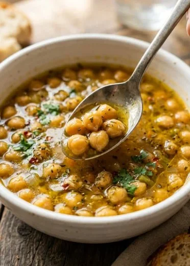 Bowl of Greek chickpea soup with herbs and feta cheese
