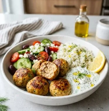 Greek Turkey Meatball Bowls 1 Greek turkey meatball bowl served with fresh vegetables and tzatziki sauce