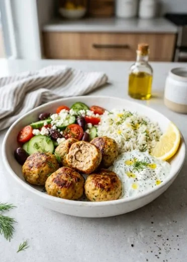 Greek turkey meatball bowl served with fresh vegetables and tzatziki sauce