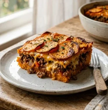 Ground beef and sweet potato casserole served in a rustic dish.