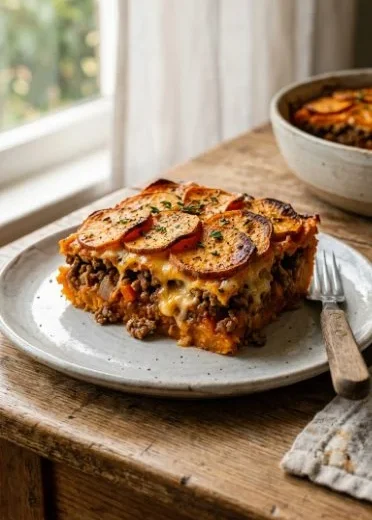 Ground beef and sweet potato casserole served in a rustic dish.