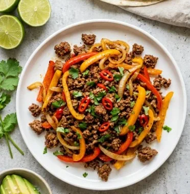 Deliciously prepared ground beef fajitas with colorful peppers and onions